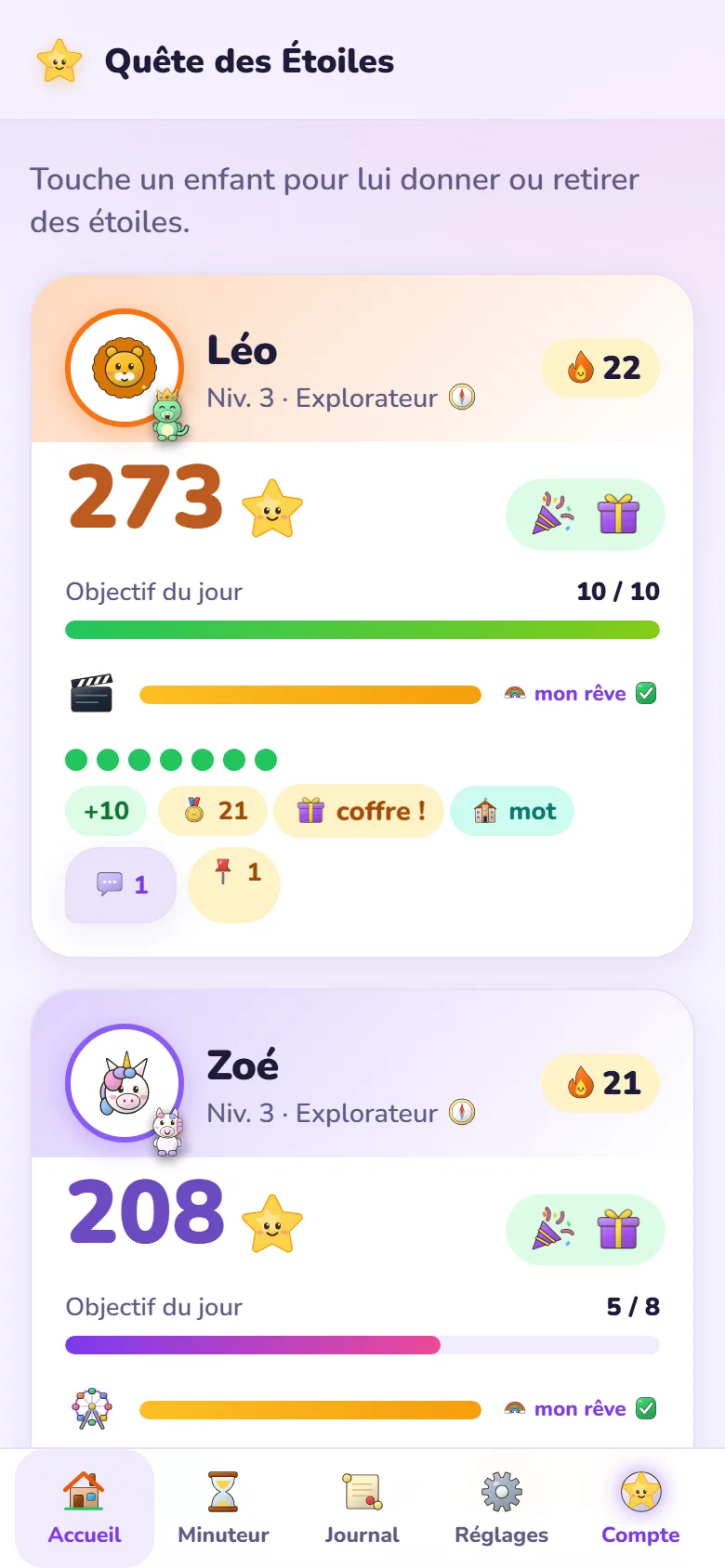 Accueil parent : les cartes de Léo et de Zoé avec leurs étoiles, leur objectif du jour, leur rêve et leurs badges.