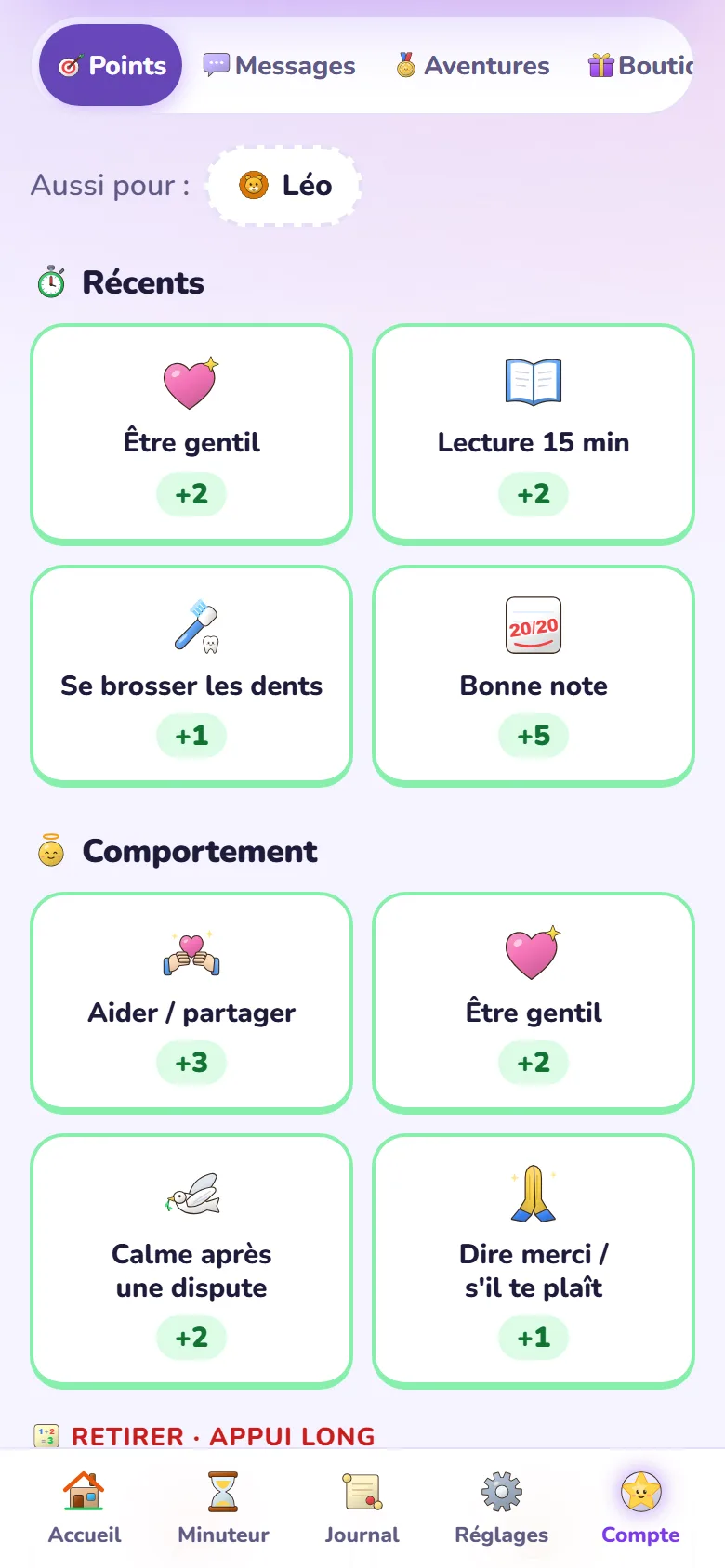 Donner des points à Zoé : missions récentes et comportements, avec la valeur de chacun.